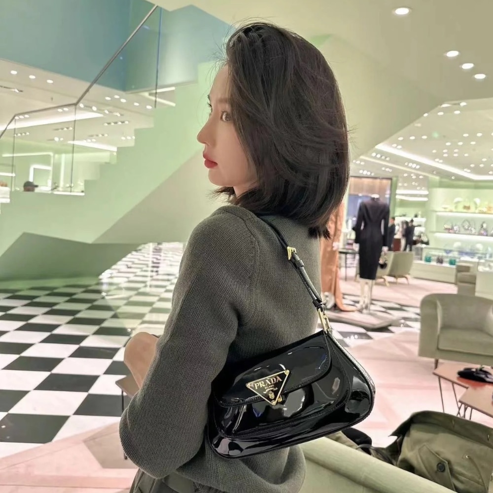 Prada Cleo Bag In Brushed Leather With Triangle Logo Black 24Cm