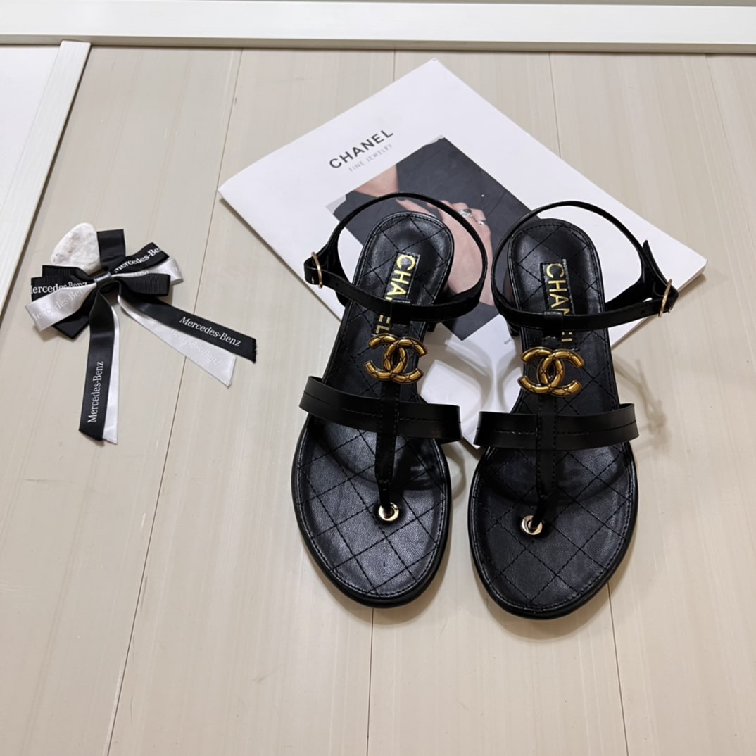 Chanel Sandal Open Round Toe Flip Flops Black