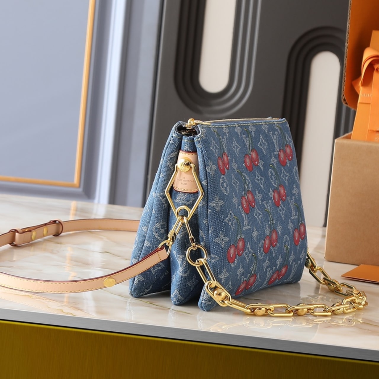 Louis Vuitton X Takashi Murakami PM Coussin Bag Denim Monogram Cherry Blue 26Cm M14978
