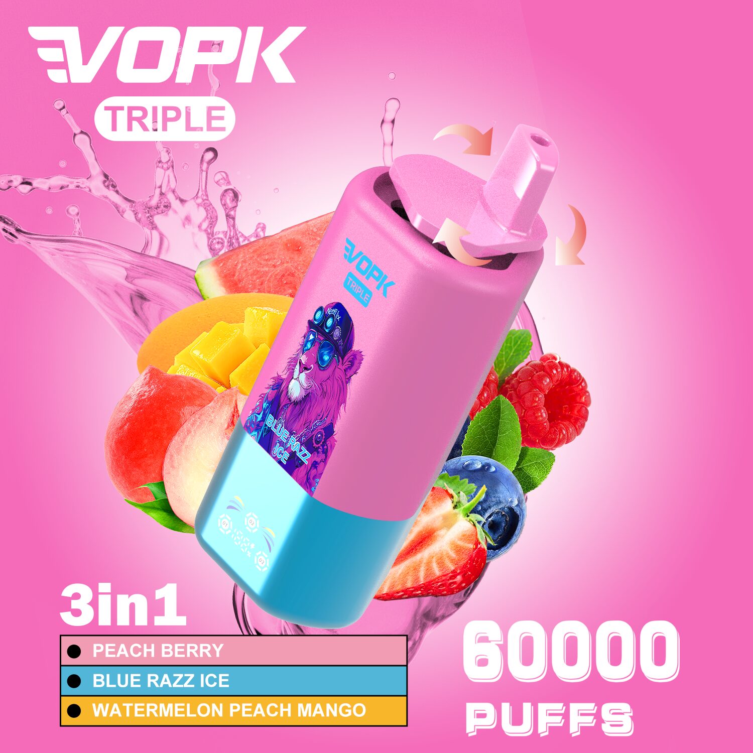 VOPK Triple 60000 60k Puffs 3 in 1 Flavors Newest Original Rechargeable LED Display Disposable Vape