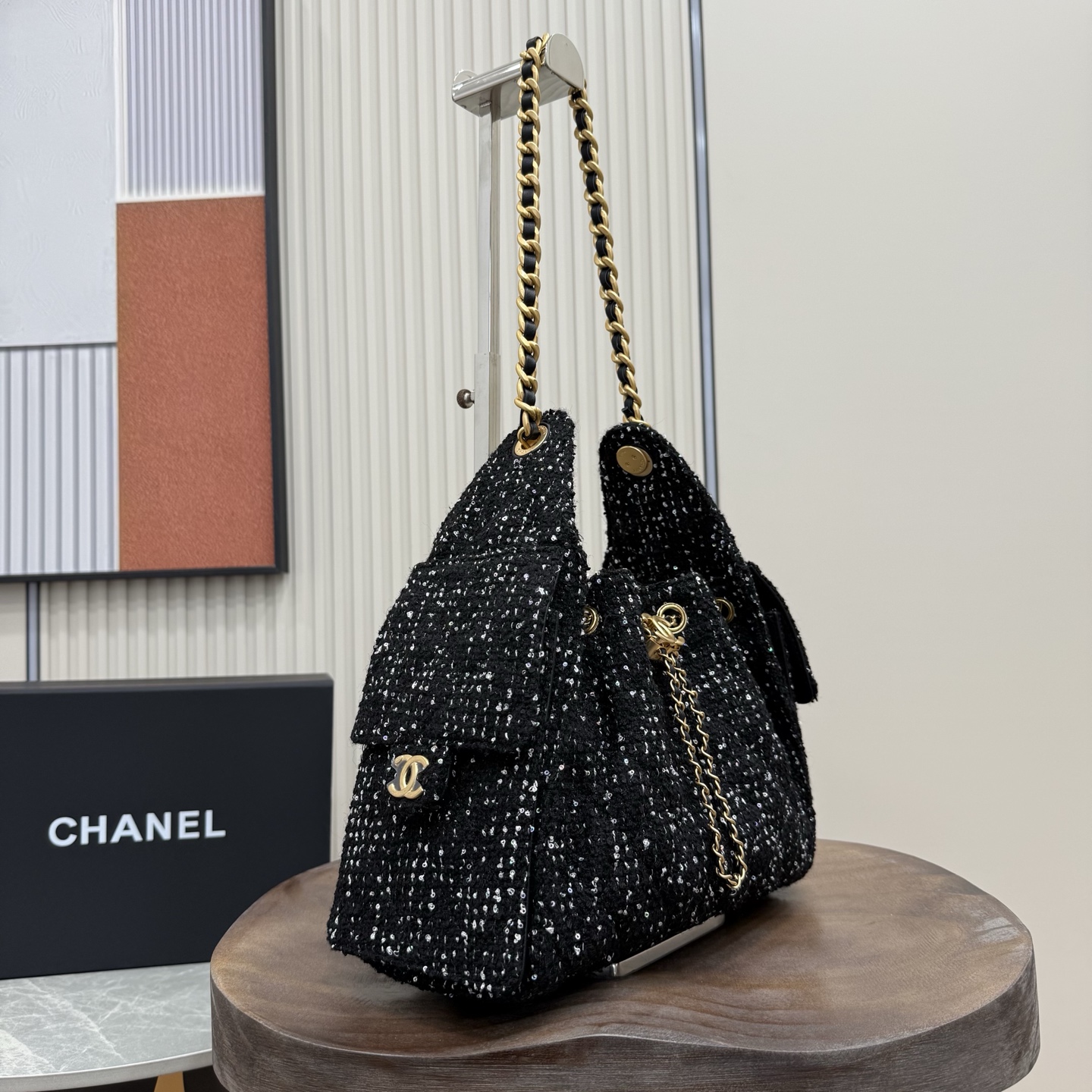 25 Small Hobo Bag (AS5293) in Black Tweed with Gold-Tone Hardware, 25S Spring-Summer Collection