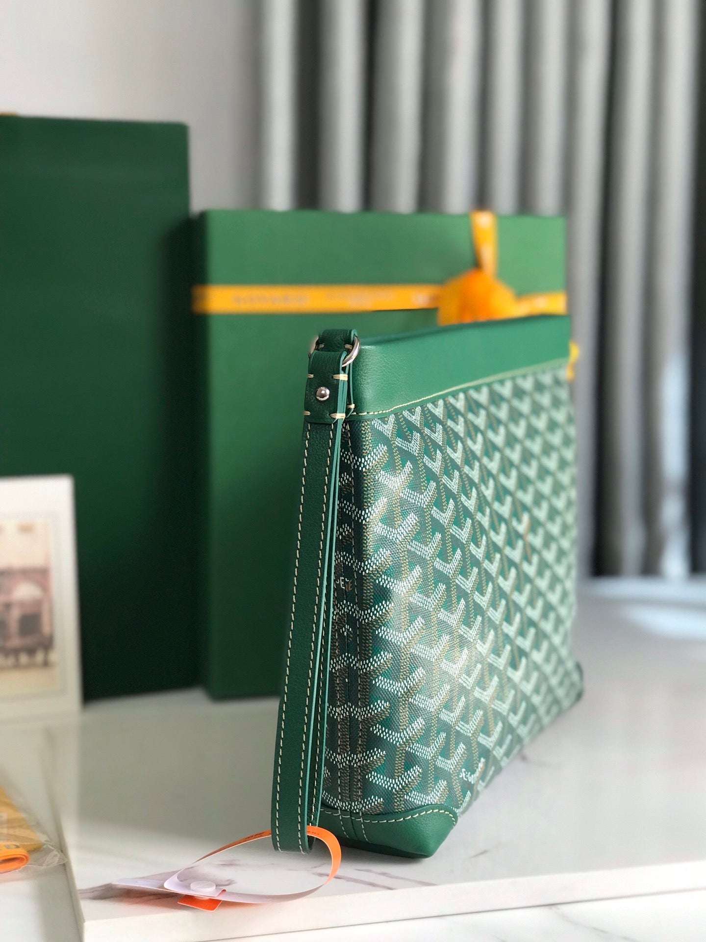 Goyard Conti Pouch 24 Cm Green Lambskin And Goyardine Canvas