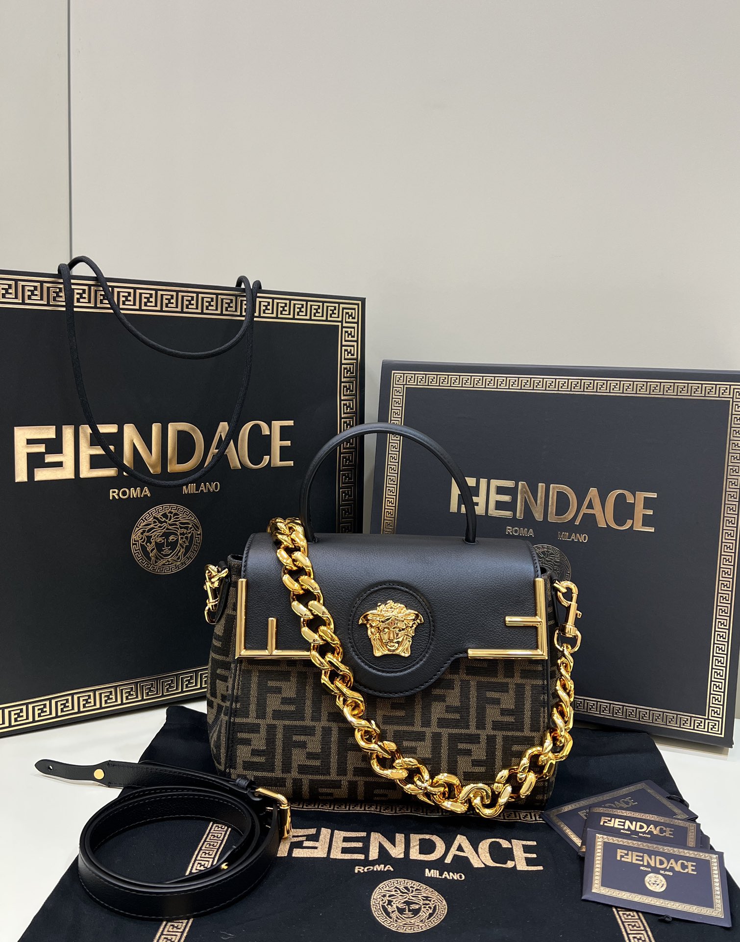 Fendi x Versace Fendace La Medusa Top Handle Bag Zucca Canvas 25cm