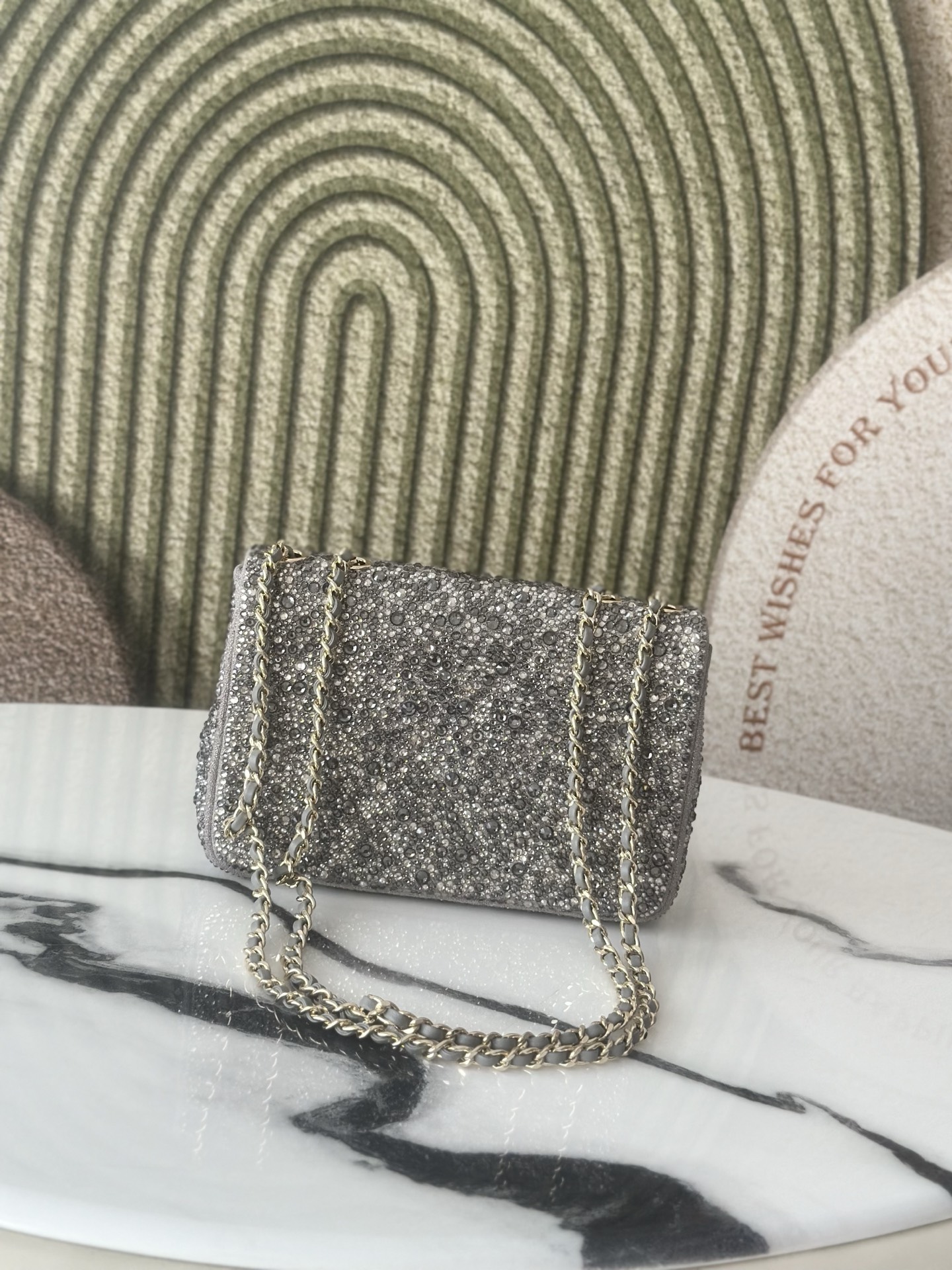 Classic Flap Mini Bag in Silver Grey Strass Crystal Embellished Suede (Gold Hardware)