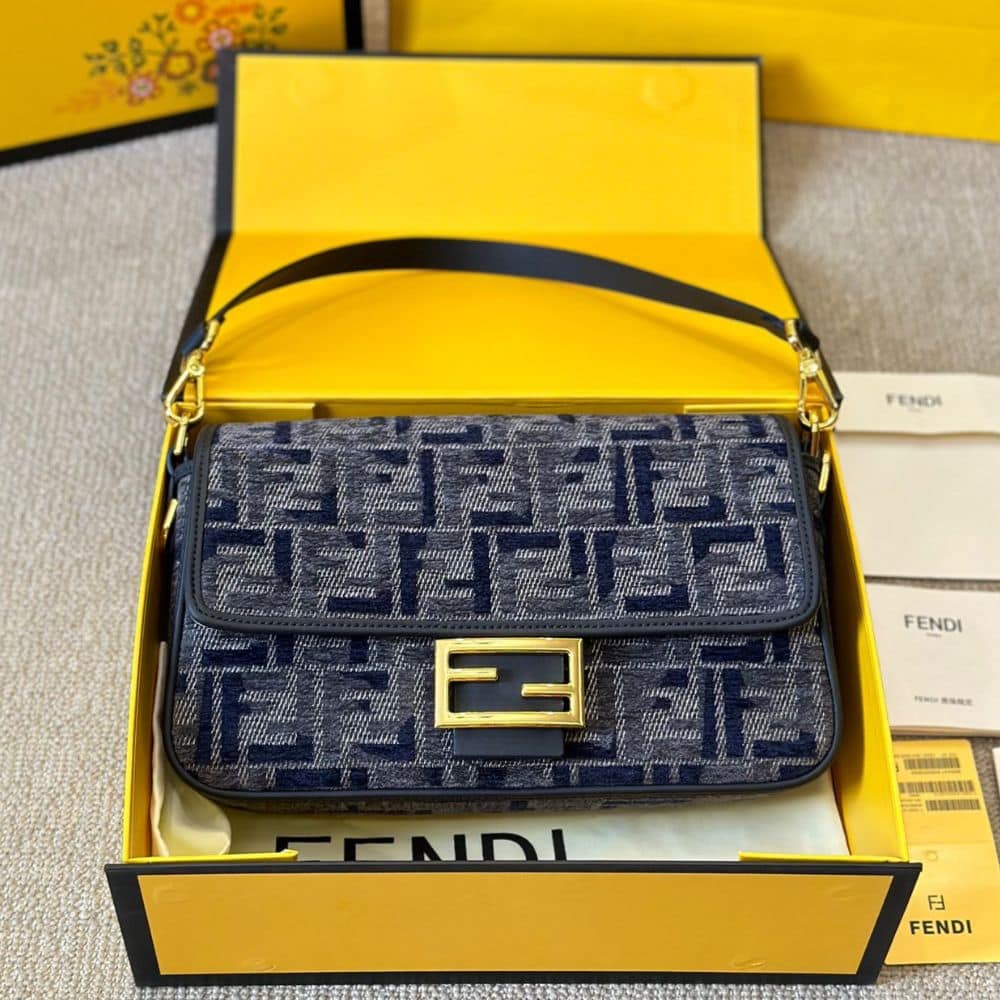 Fendi Baguette Ff Chenille Bag Dark Blue 27Cm