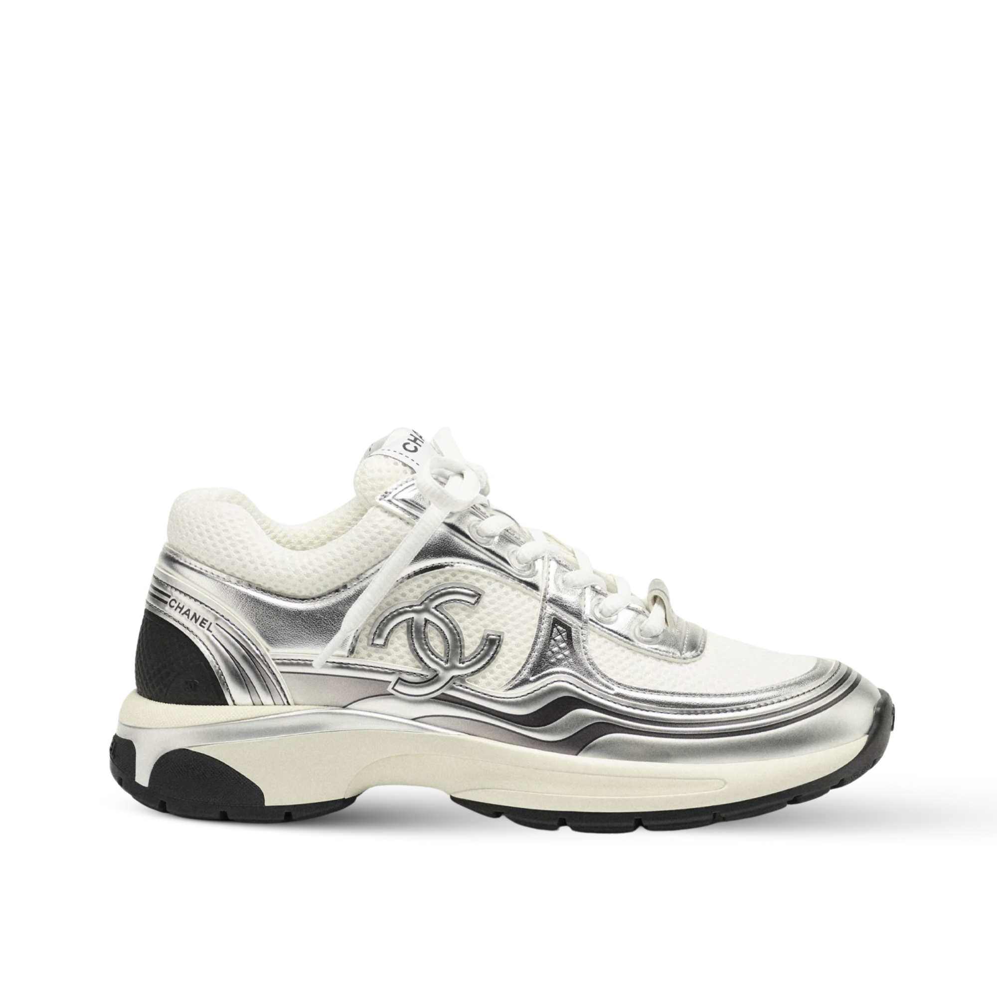 Chanel CC Logo Metallic Mesh Sneakers White/Silver