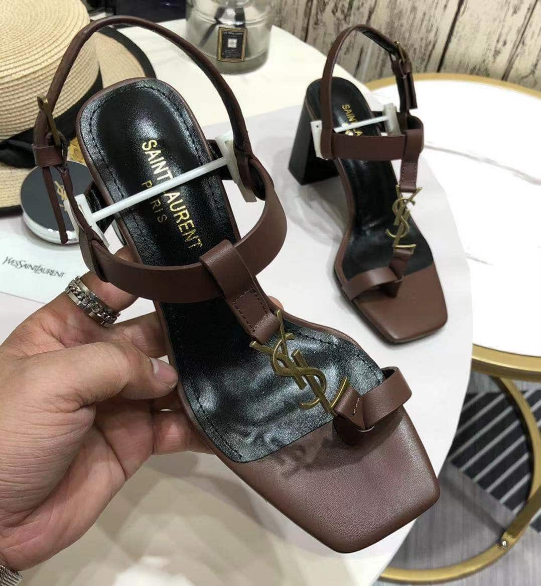 Saint Laurent Cassandra Leather Slingback Sandals Brown