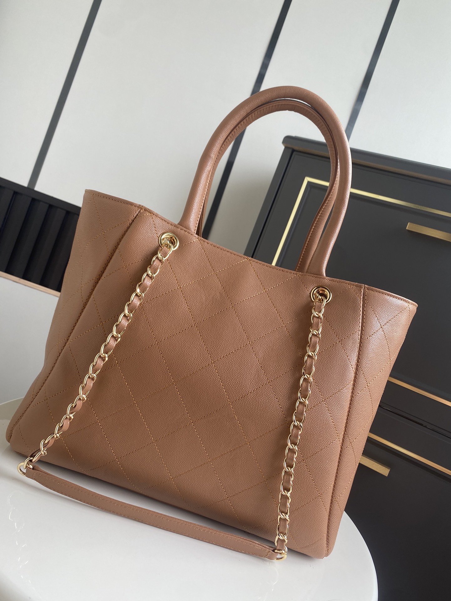 Cruise 2026 Caramel Quilted Caviar Calfskin Large Tote Bag with Gold-Tone Hardware