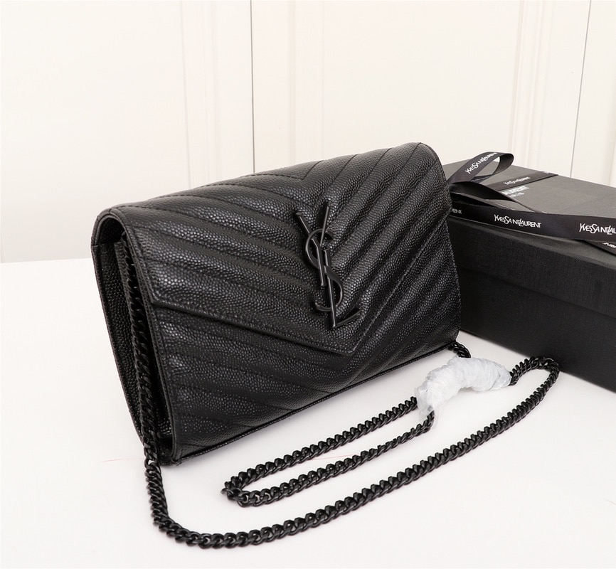 Saint Laurent Cassandre Matelassé Chain Wallet In Grain De Poudre Embossed Black Noir 22Cm 377828Bow081000