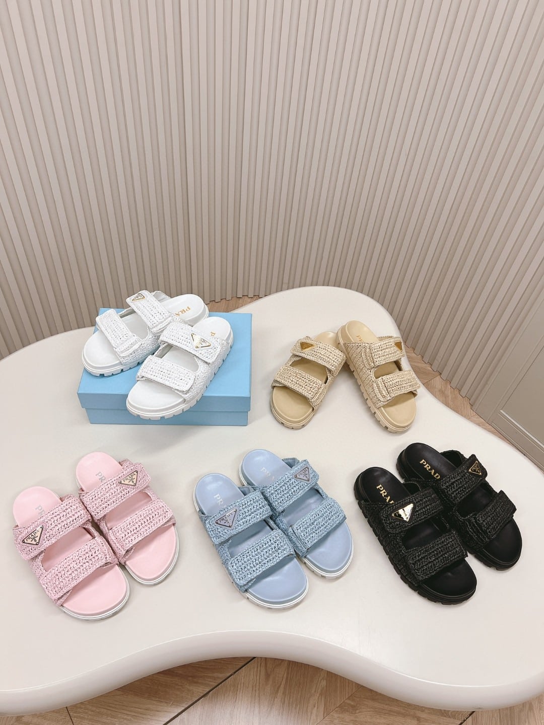Prada Fussbett Raffia Dual Buckle Slide Sandals Beige