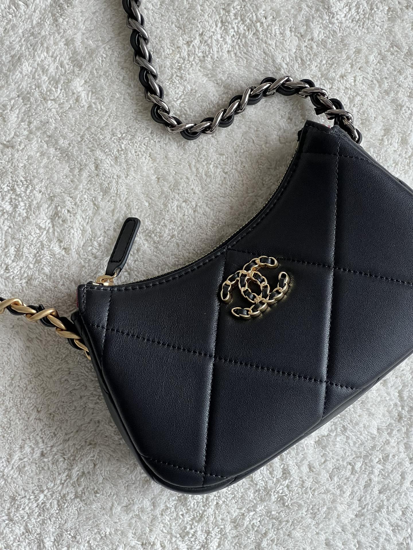 19 Half Moon Hobo Bag in Black Quilted Lambskin with Gold-Tone and Ruthenium-Finish Hardware