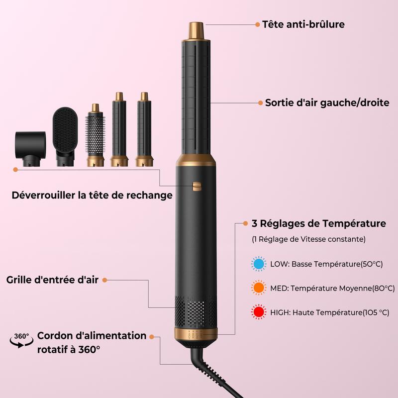 Atopskins Airstyler 5 en 1, sèche cheveux avec Ions négatifs, Styler magique, brosses thermiques Foehn, brosse droite, barre bouclée, ensemble de brosses à Air chaud