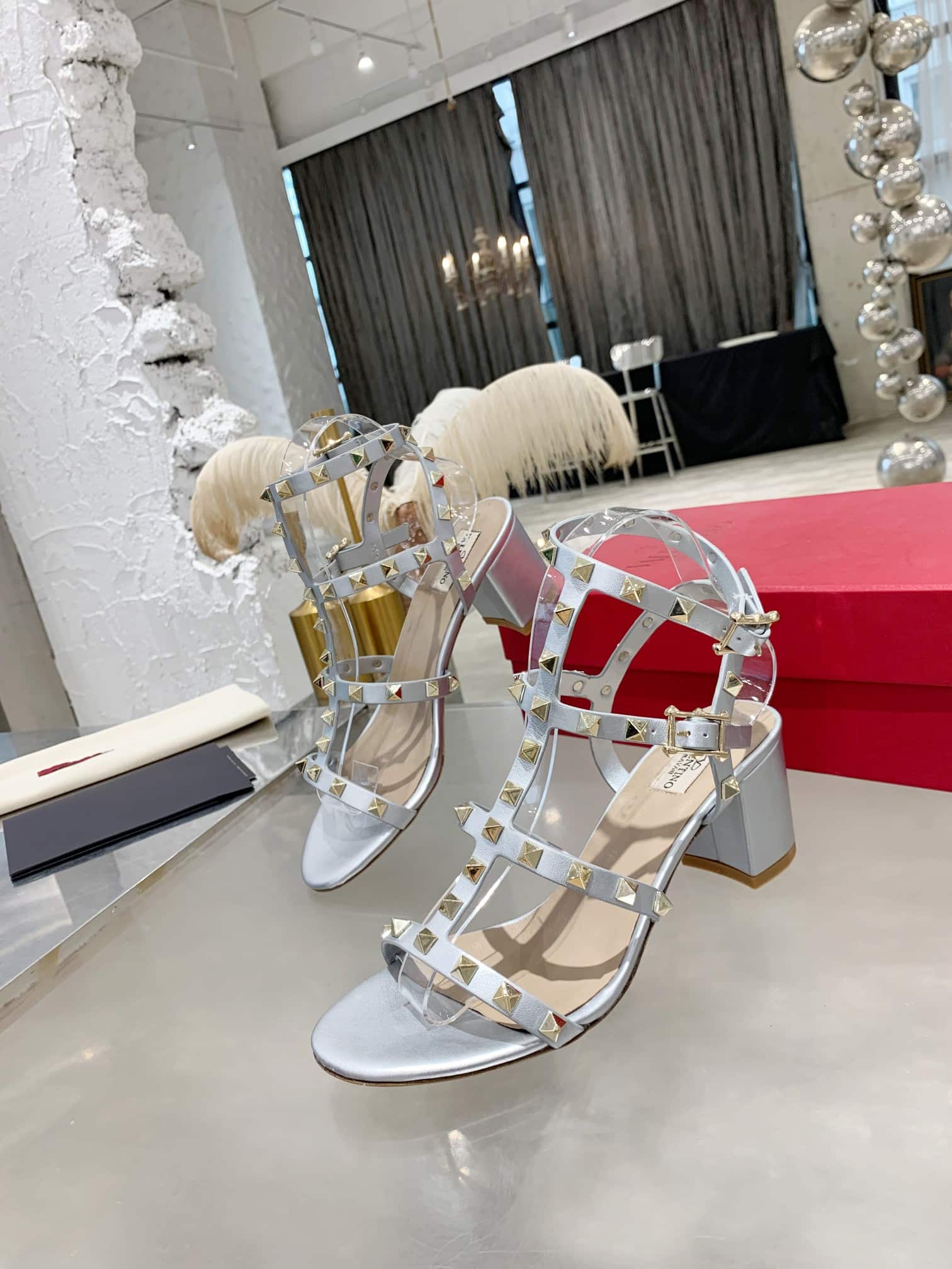 Valentino Garavani Rockstud Leather Sandals Silver