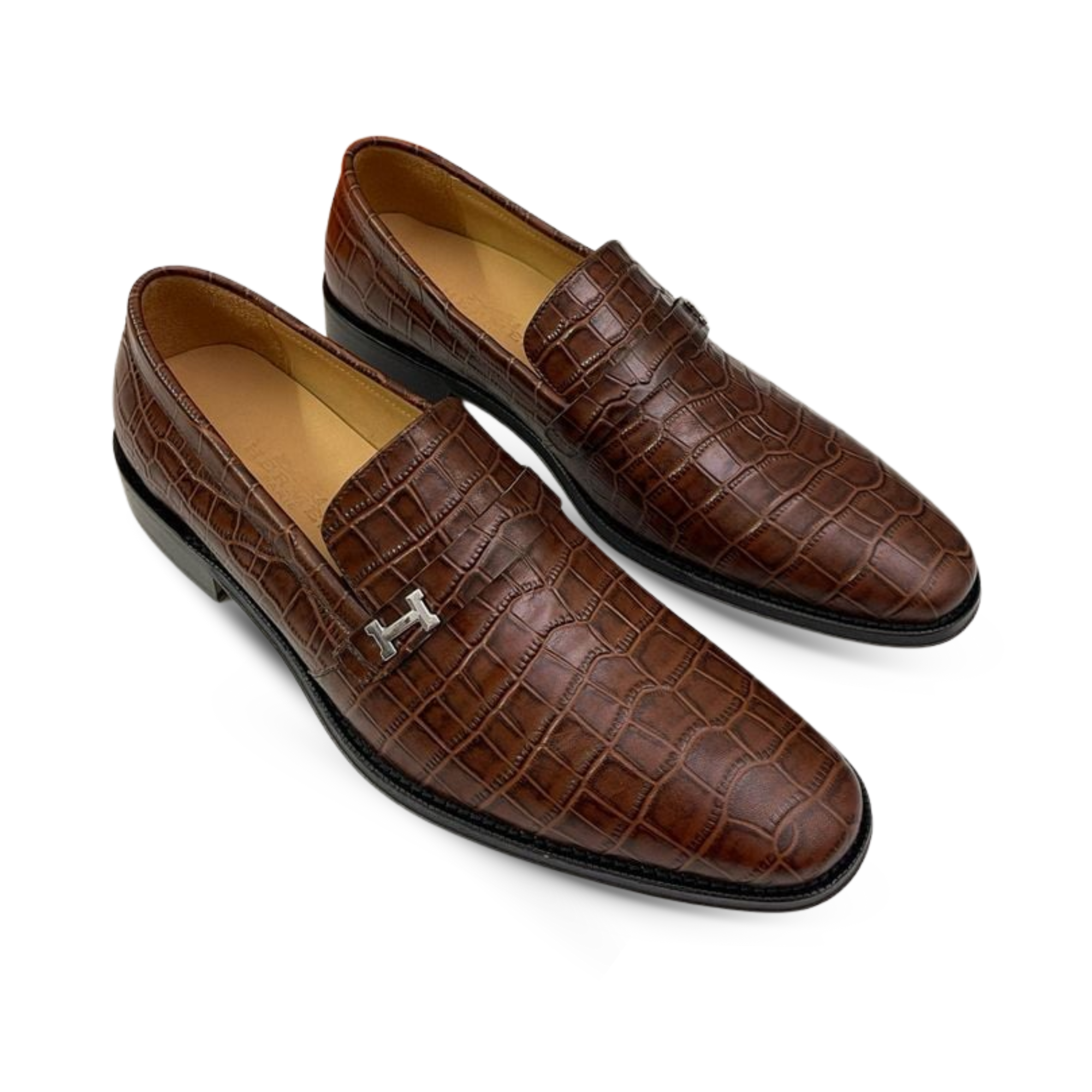 Hermès Crocodile Leather Loafers Brown Signature H Buckle- Shoes for Men