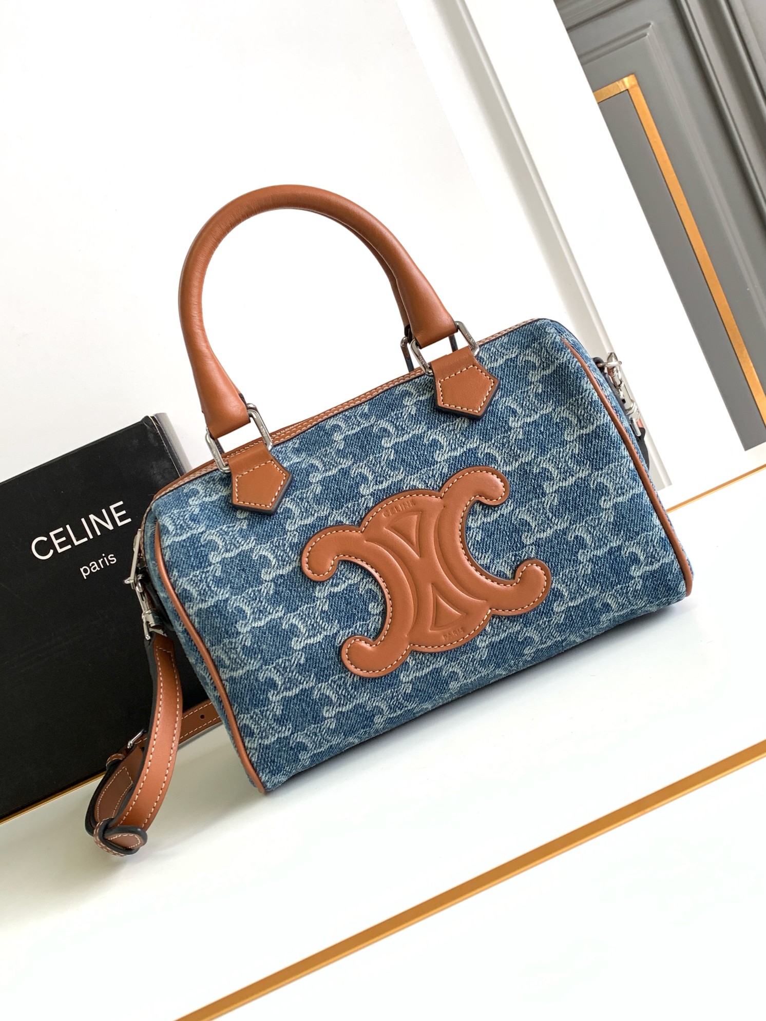 CELINE-CUIR TRIOMPHE Denim & Calfskin Boston Bag