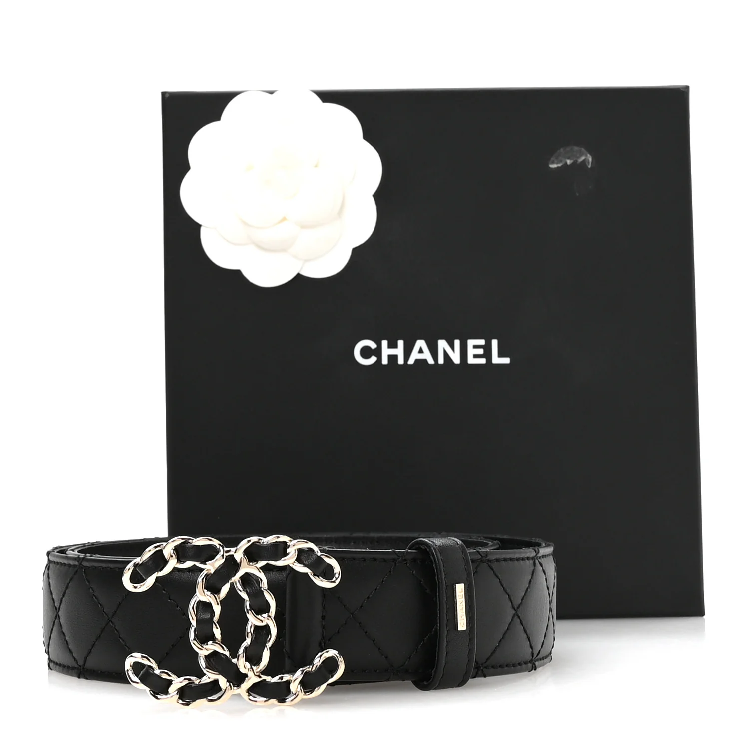 Calfskin Quilted CC Chain Belt 80 32 Black