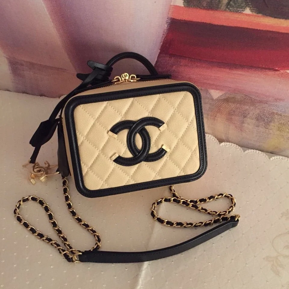 CC Filigree Vanity Case Bag Black Beige Quilted Caviar Leather