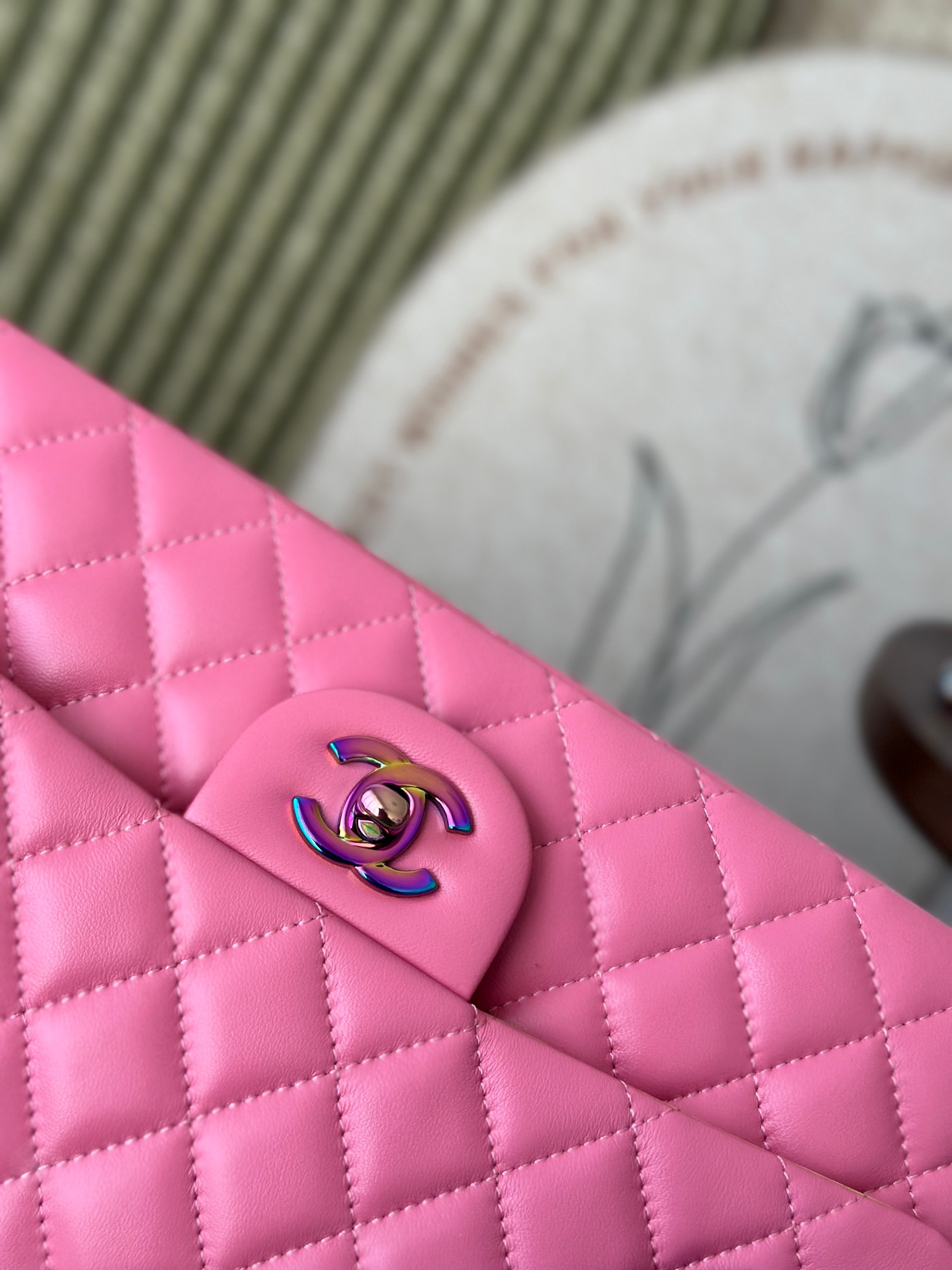Classic Flap Medium Bag in Sakura Pink Lambskin with Iridescent Rainbow Hardware (Model A01112)