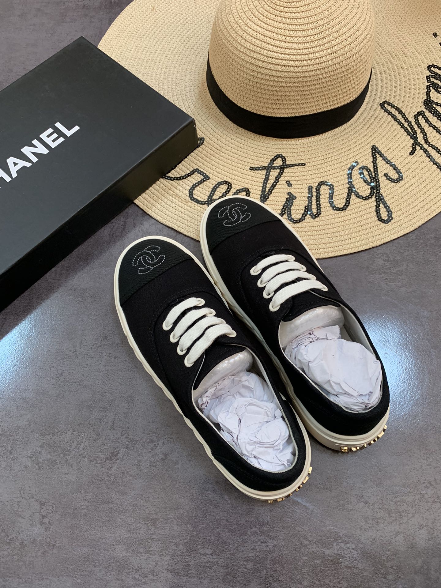 Chanel Cc Sneakers Canvas Mix In Black