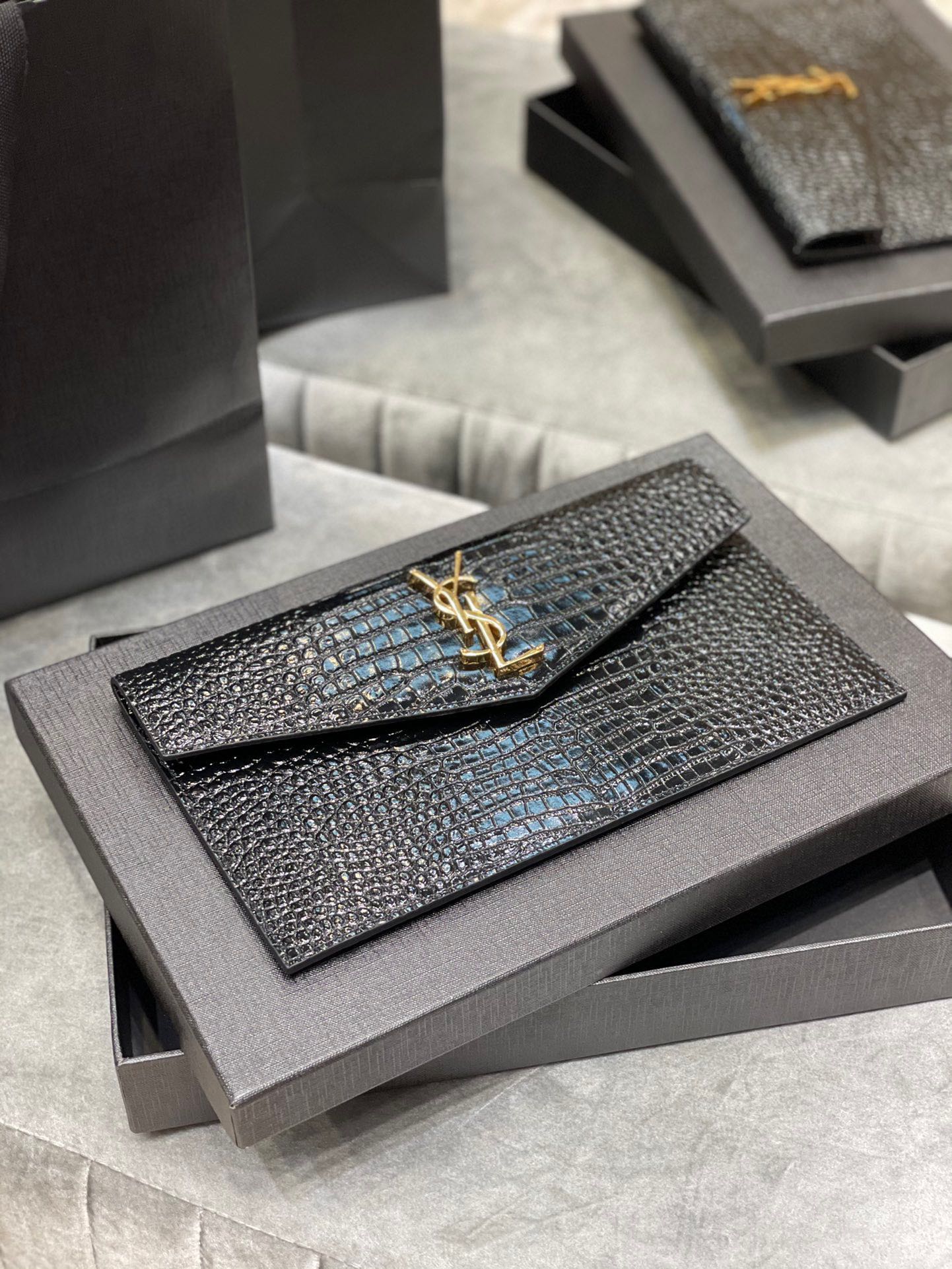 Saint Laurent Uptown Pouch In Crocodile Embossed Shiny Leather