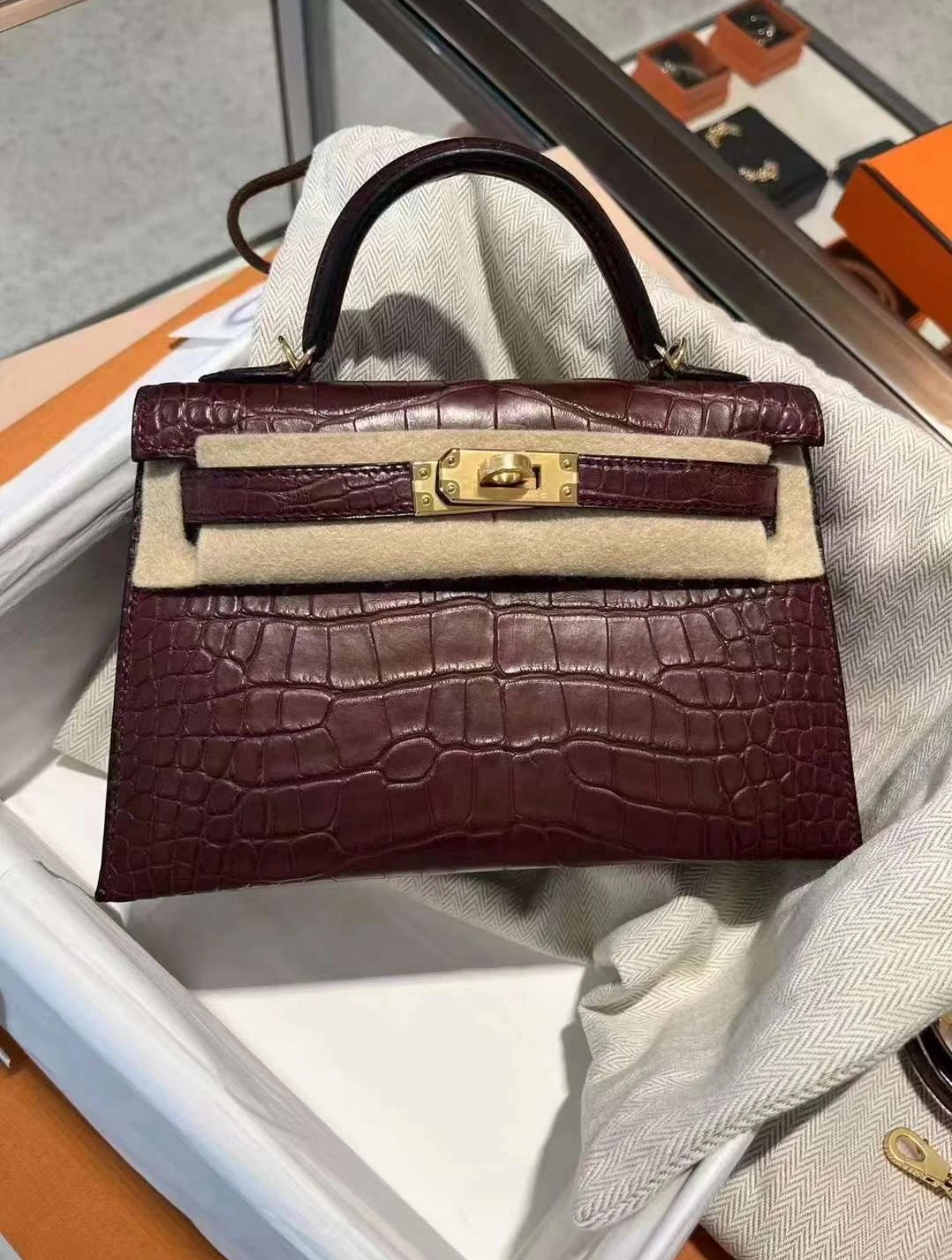 Kelly mini 20 Bordeaux red matte gold buckle crocodile leather Custom