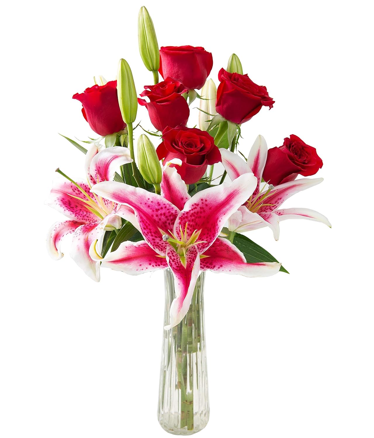 KaBloom - Adore Her Mixed Bouquet of Farm-Fresh Red Roses and Pink Lilies with Vase - Fresh Flowers for Birthday, Valentine's & Mother's Day