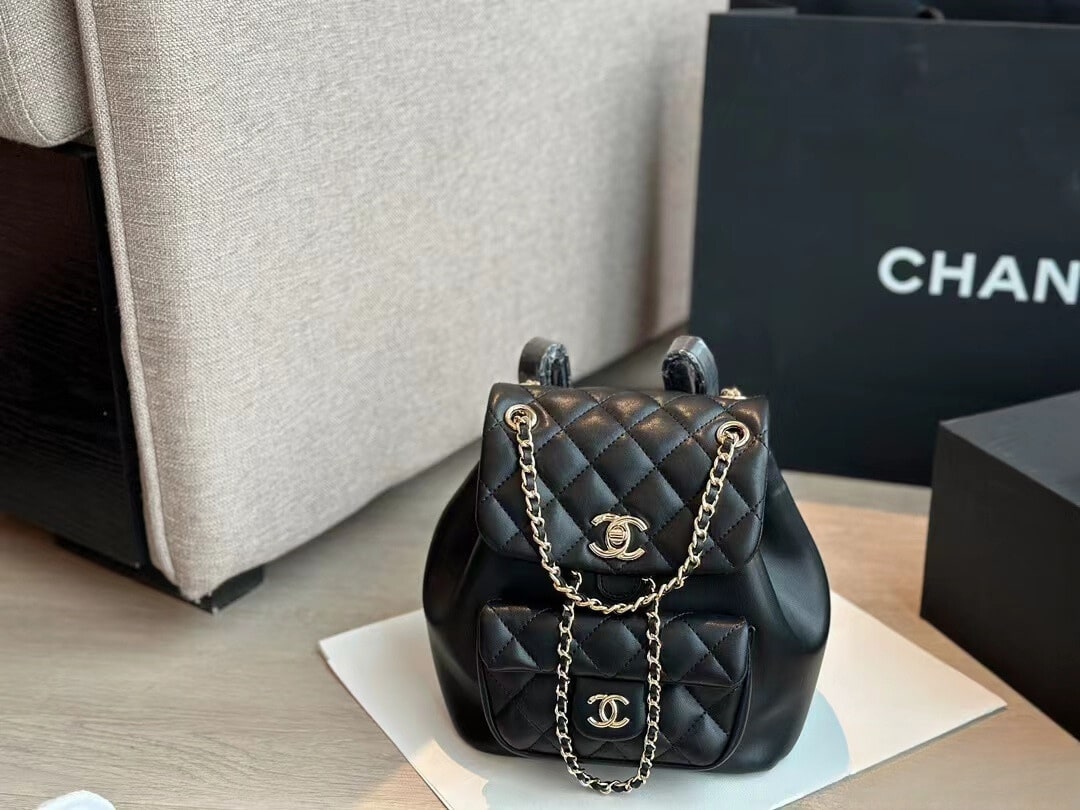 Chanel Duma Matelasse Leather Chain Backpack Black 20Cm/7.8in