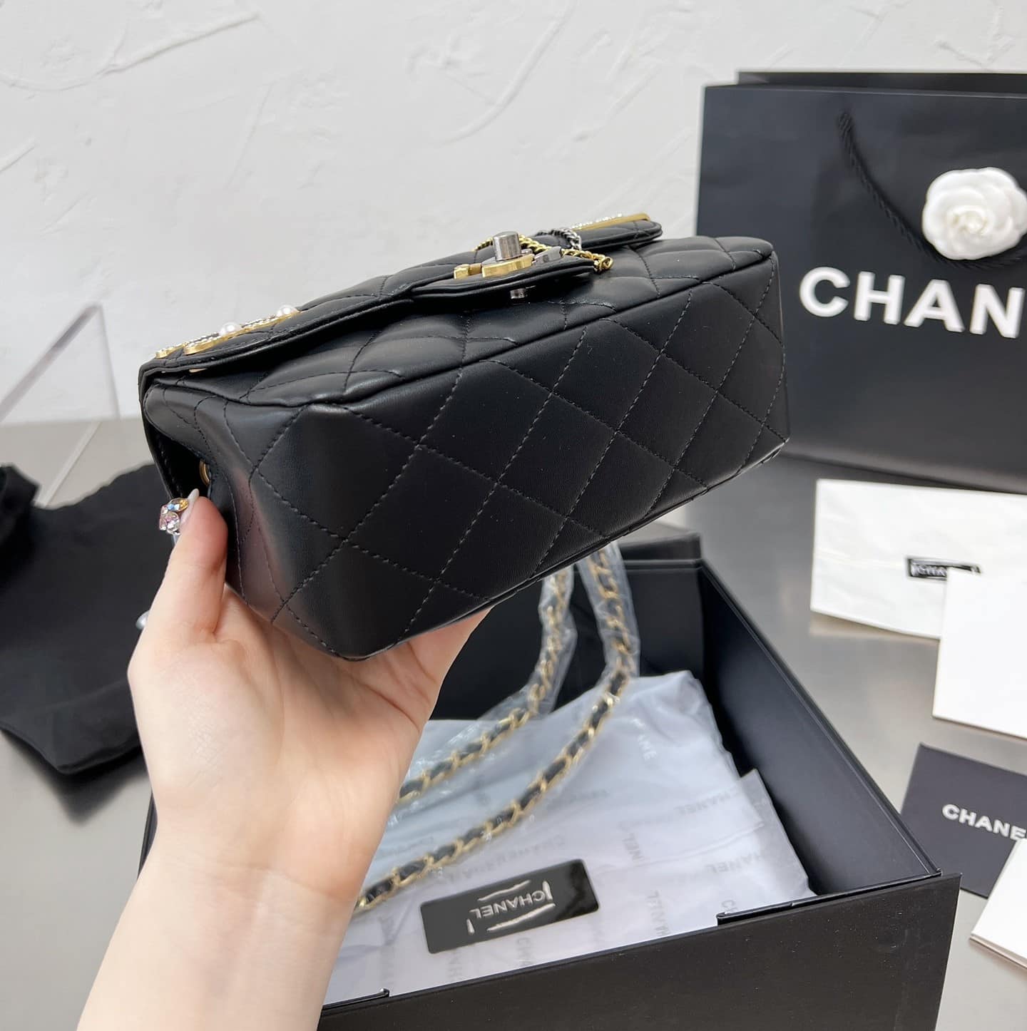 Chanel Quilted Mini Coco Clips Flap Gold And Ruthenium Hardware Black 20Cm