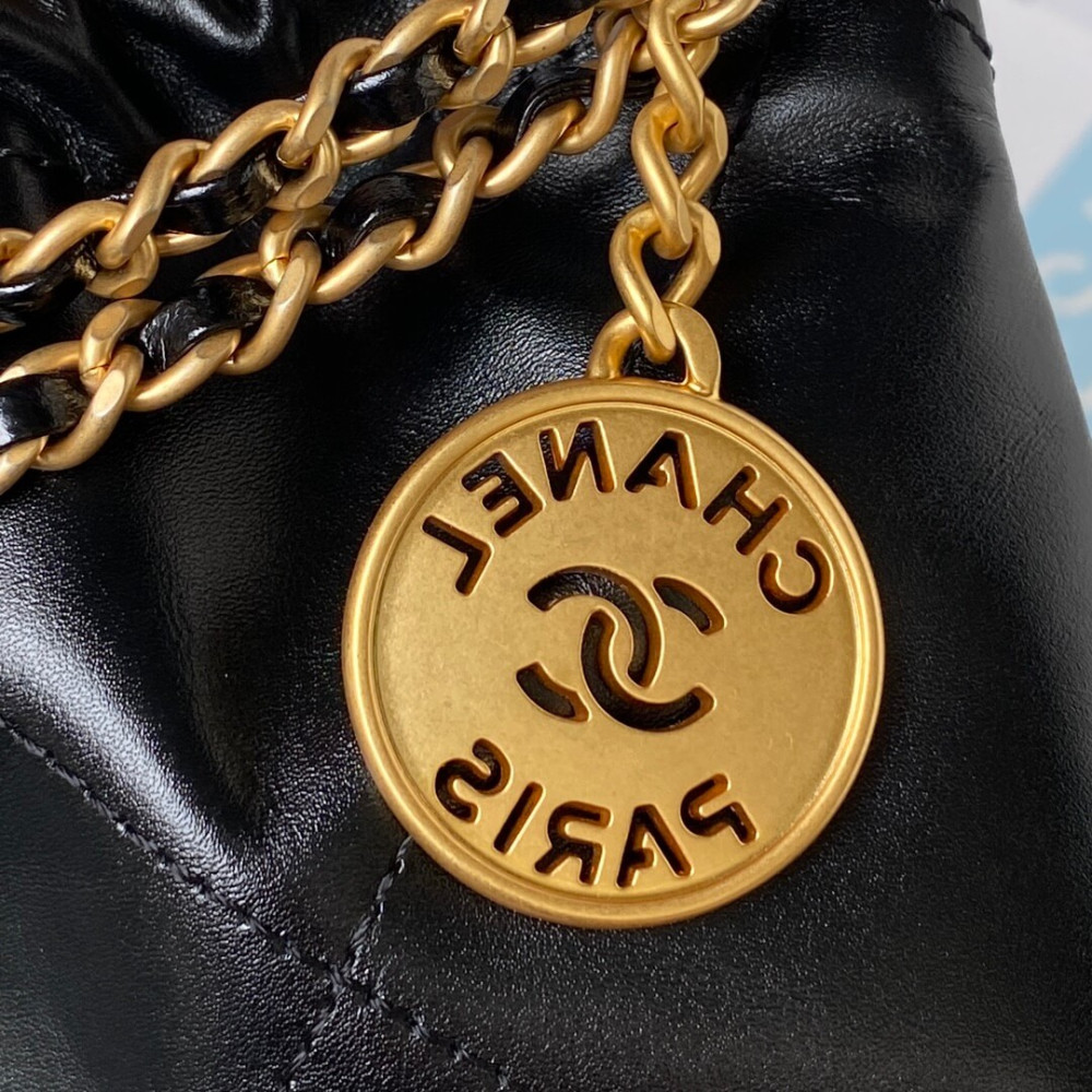 Chanel Mini 22 Handbag Shiny Calfskin & Gold Metal Black 20cm
