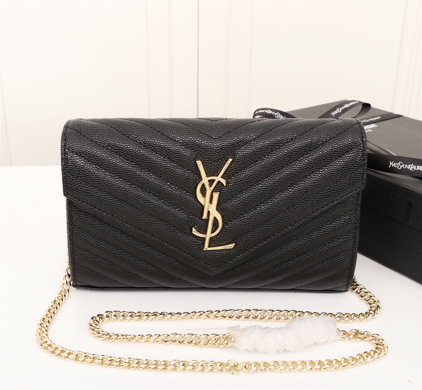 Saint Laurent Cassandre Matelasse Chain Wallet In Grain De Poudre Embossed Black Gold 22Cm 377828 Bow01 1000