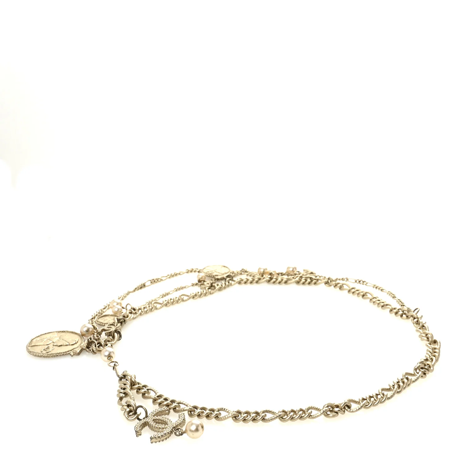 Metal Pearl Chain CC Triple Medallion Charm Belt Gold
