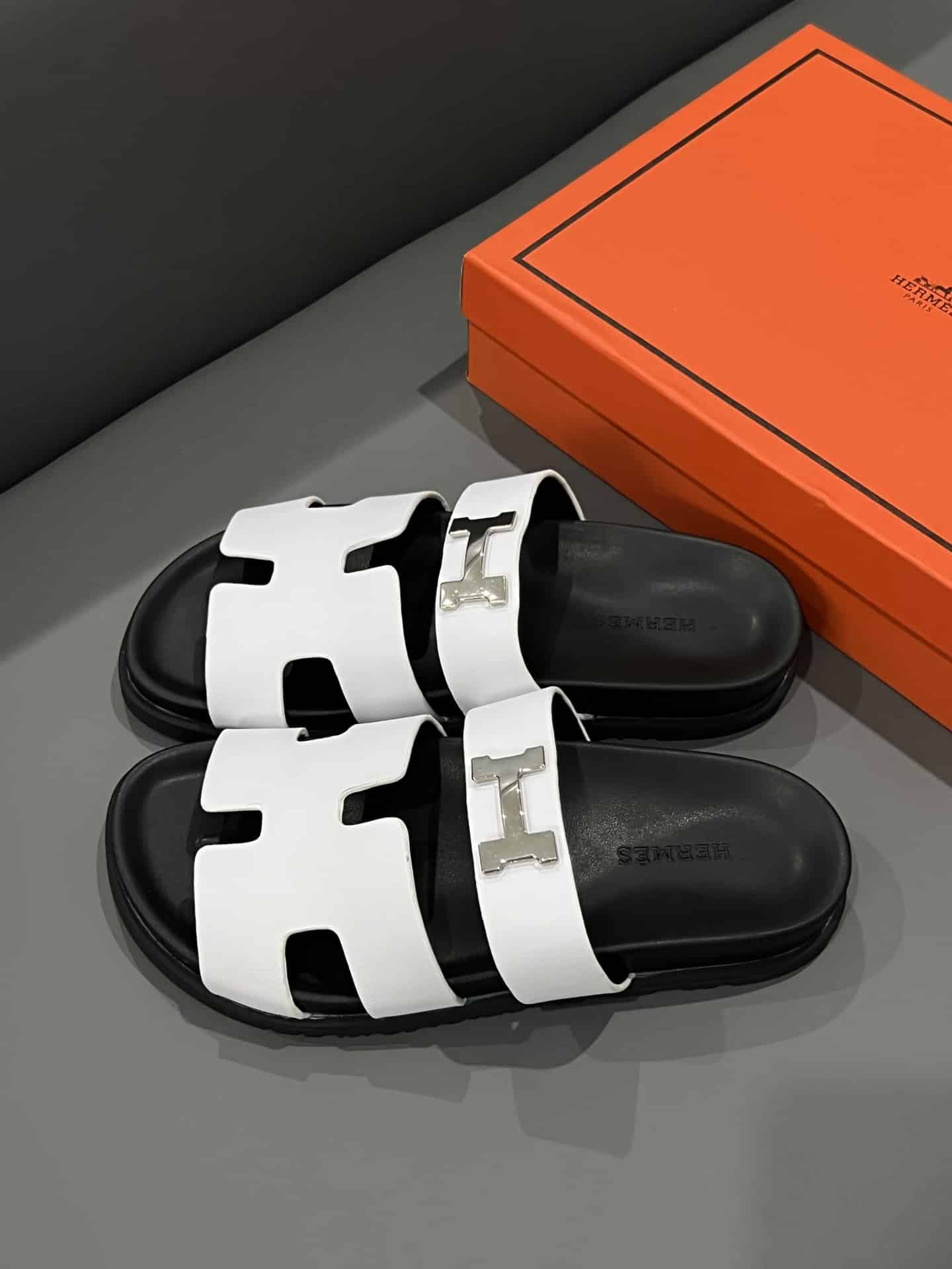 Hermes Chypre Sandal H Logo Silver Hardware White
