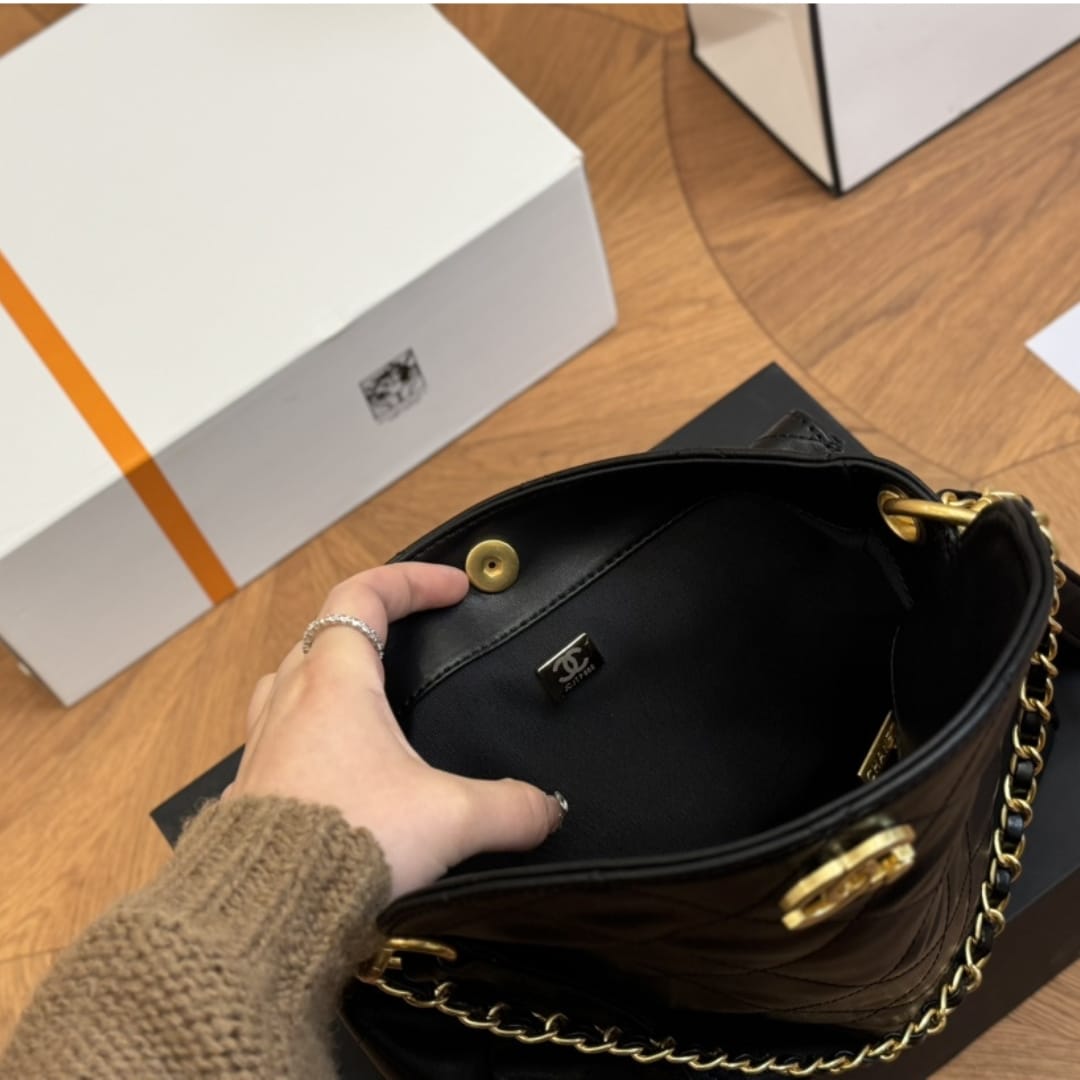 Chanel Hobo Bag Glossy Calfskin Black 25Cm/9.8in