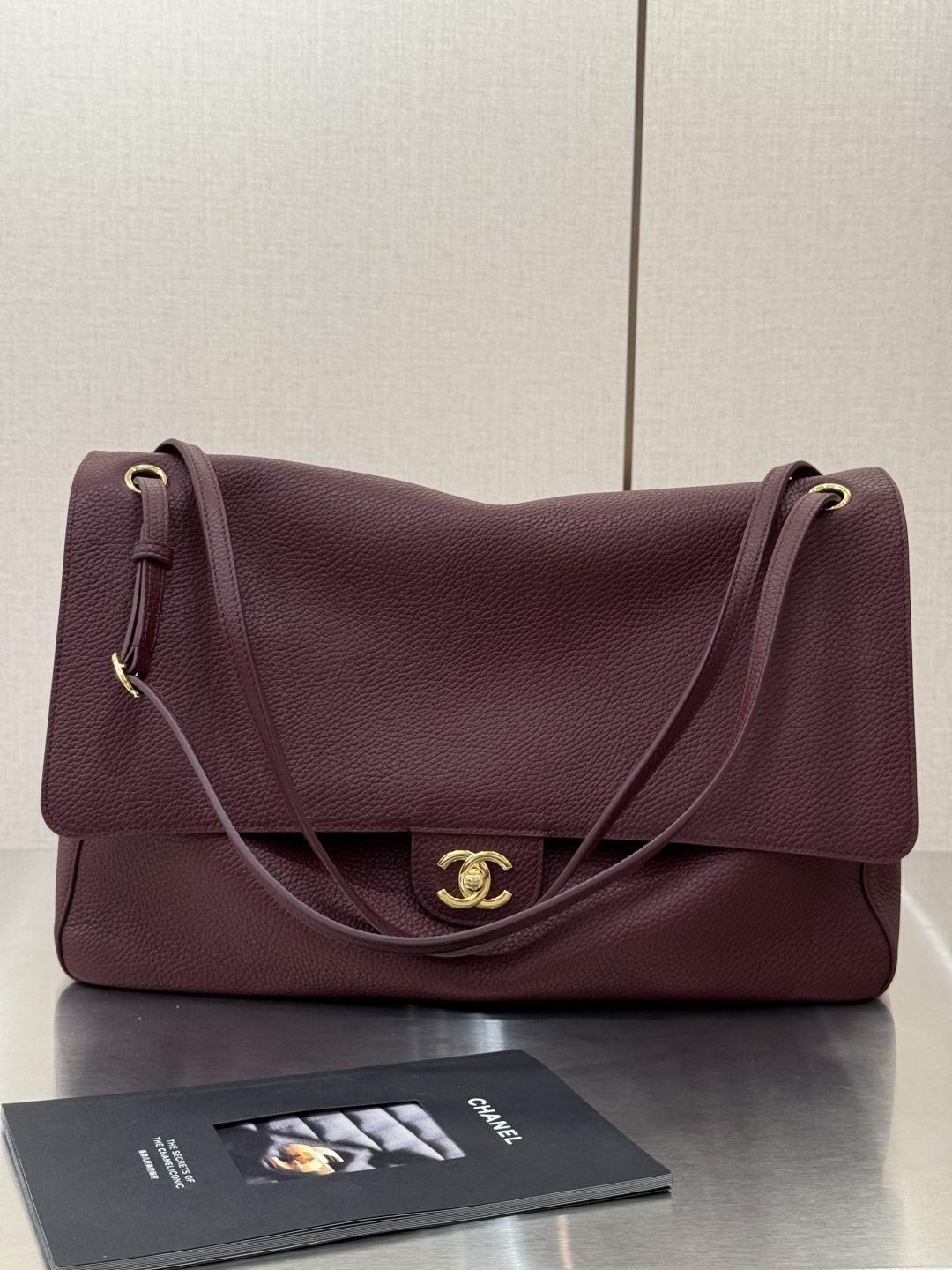 26S Burgundy Grained Calfskin Maxi Flap Airport Bag with Gold Hardware