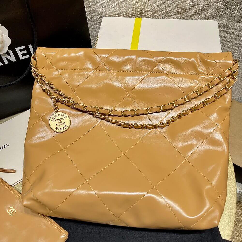 Chanel 22 Small Handbag Shiny Calfskin Camel Gold Metal