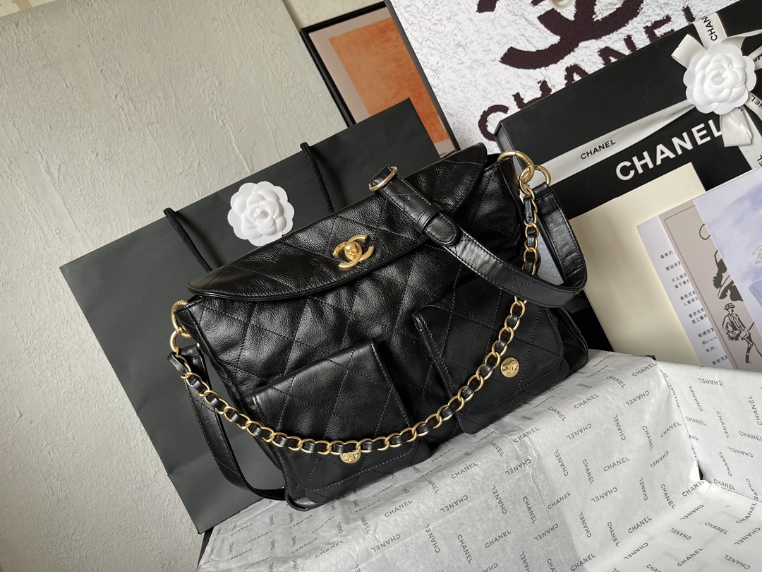 Large Hobo Bag (AS4668) in Black Shiny Calfskin with Gold-Tone Hardware, 24P Pre-Fall Collection