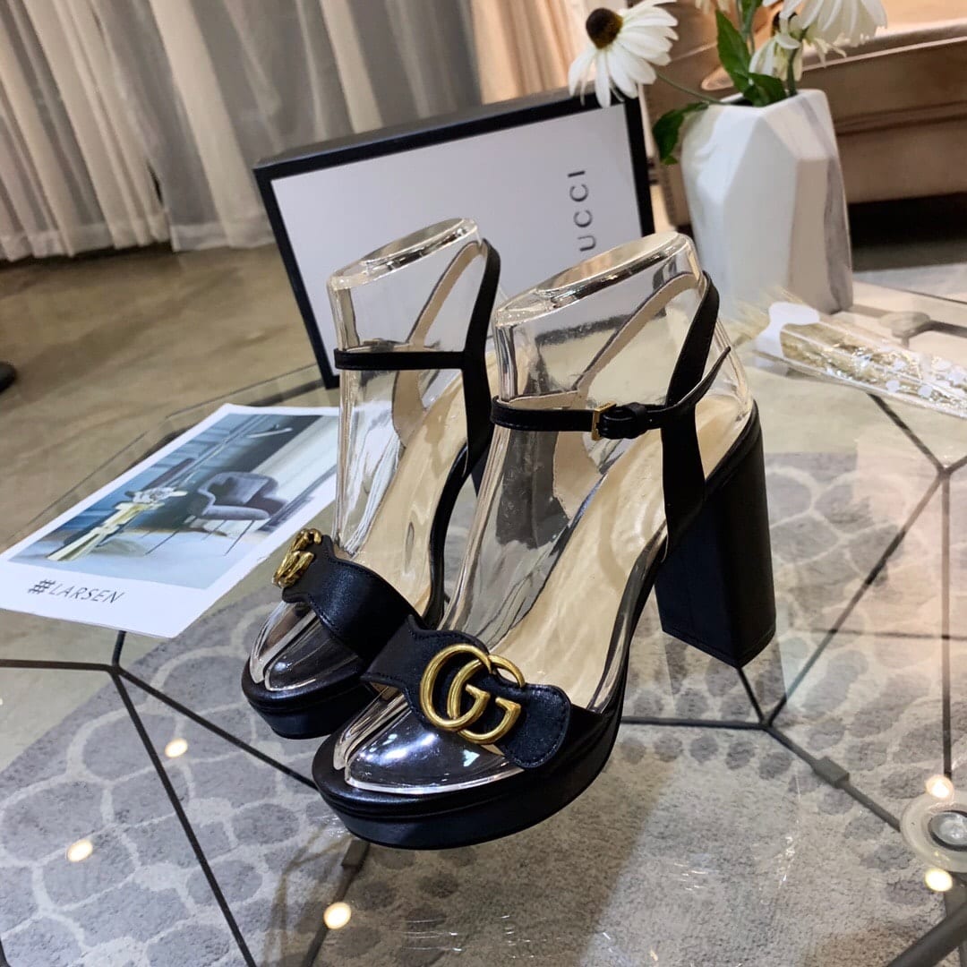 Gucci Gg Leather Heeled Sandal Black