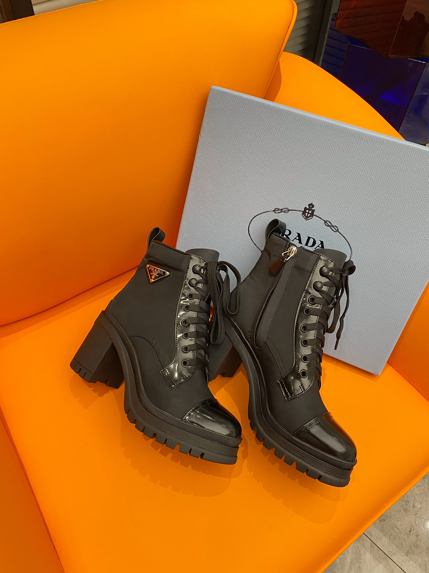 Prada Logo Plaque Ankle Boots Black