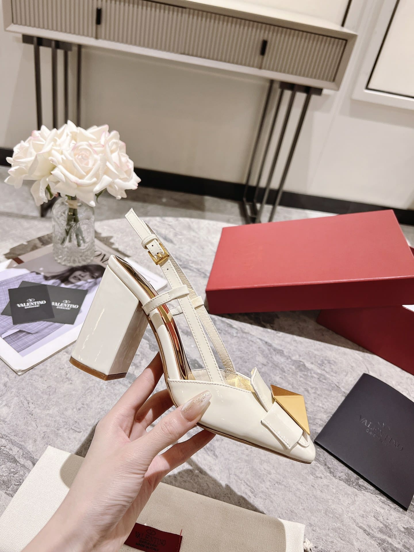 Valentino Garavani One Stud Patent Leather Slingback Pump White