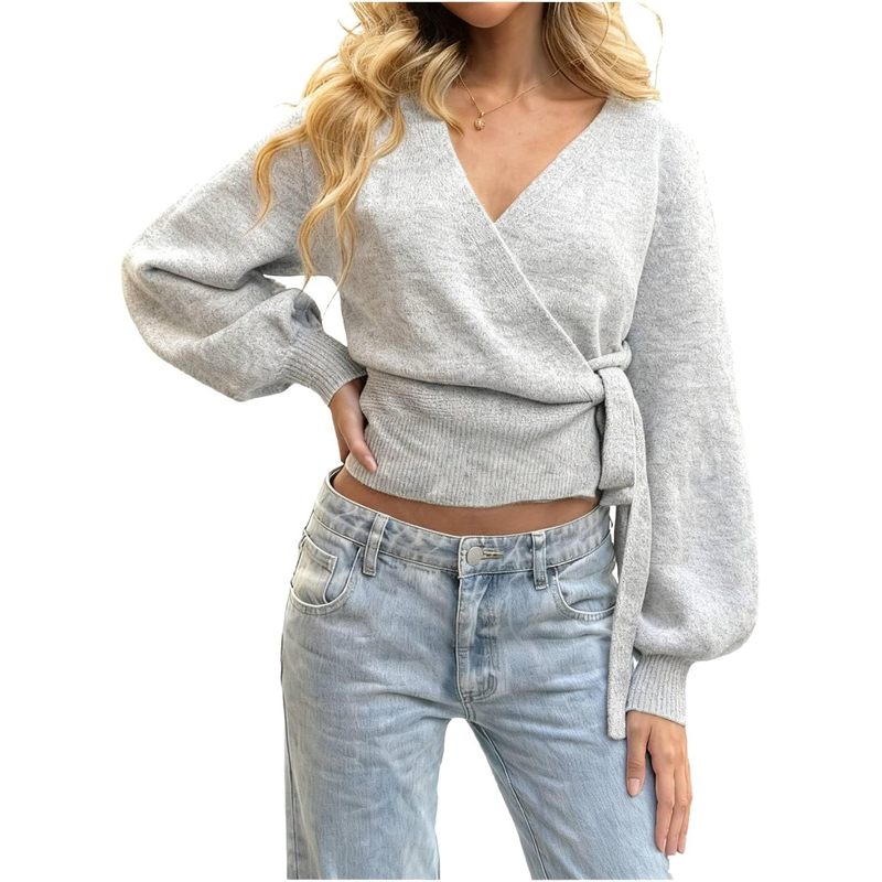 Women's V Neck Cinched Waist Wrap Sweater Cardigan Tops