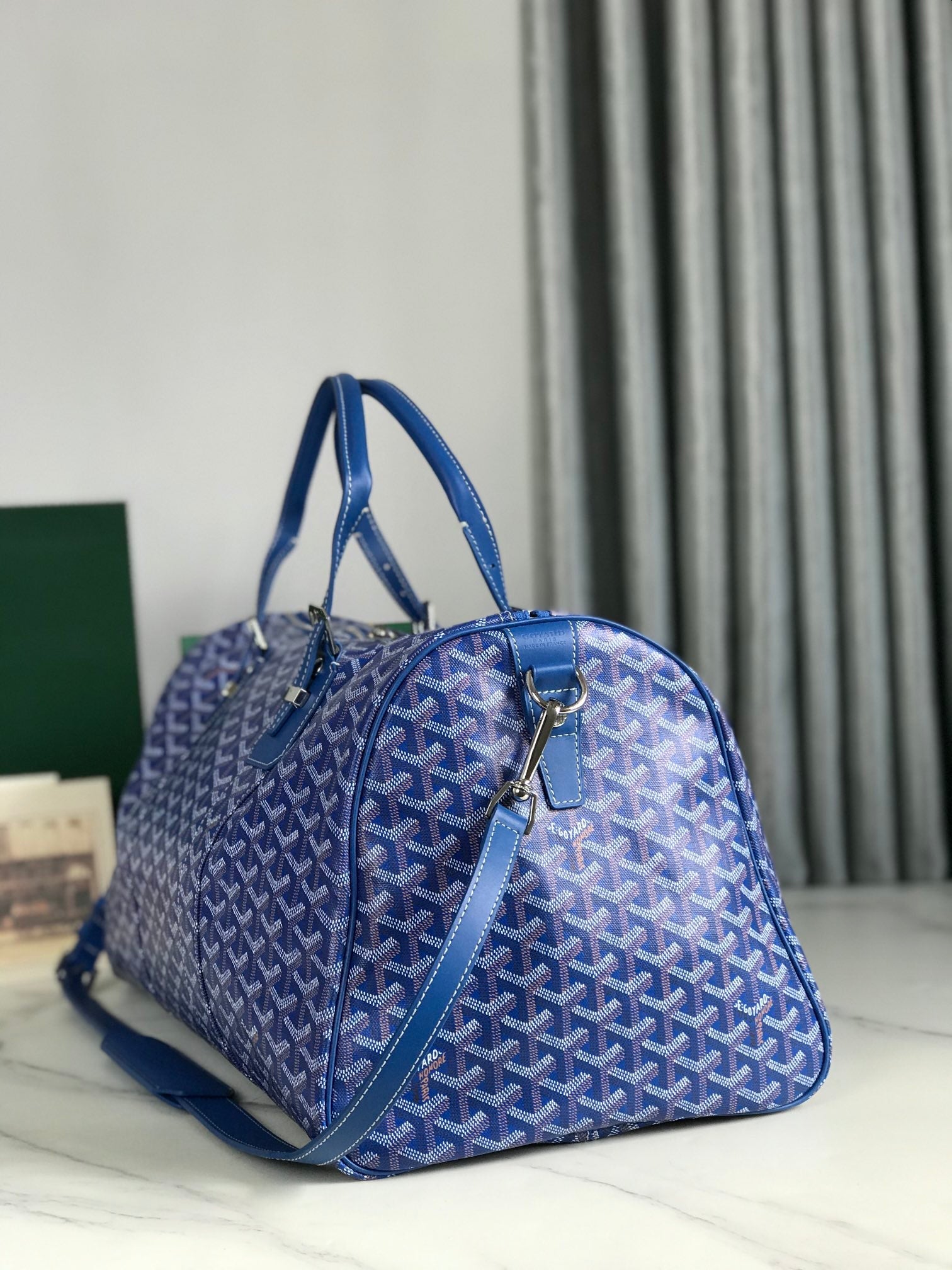 Goyard Boston 50 Bag Cm Sapphire Blue Goyardine Canvas And Calfskin Trim