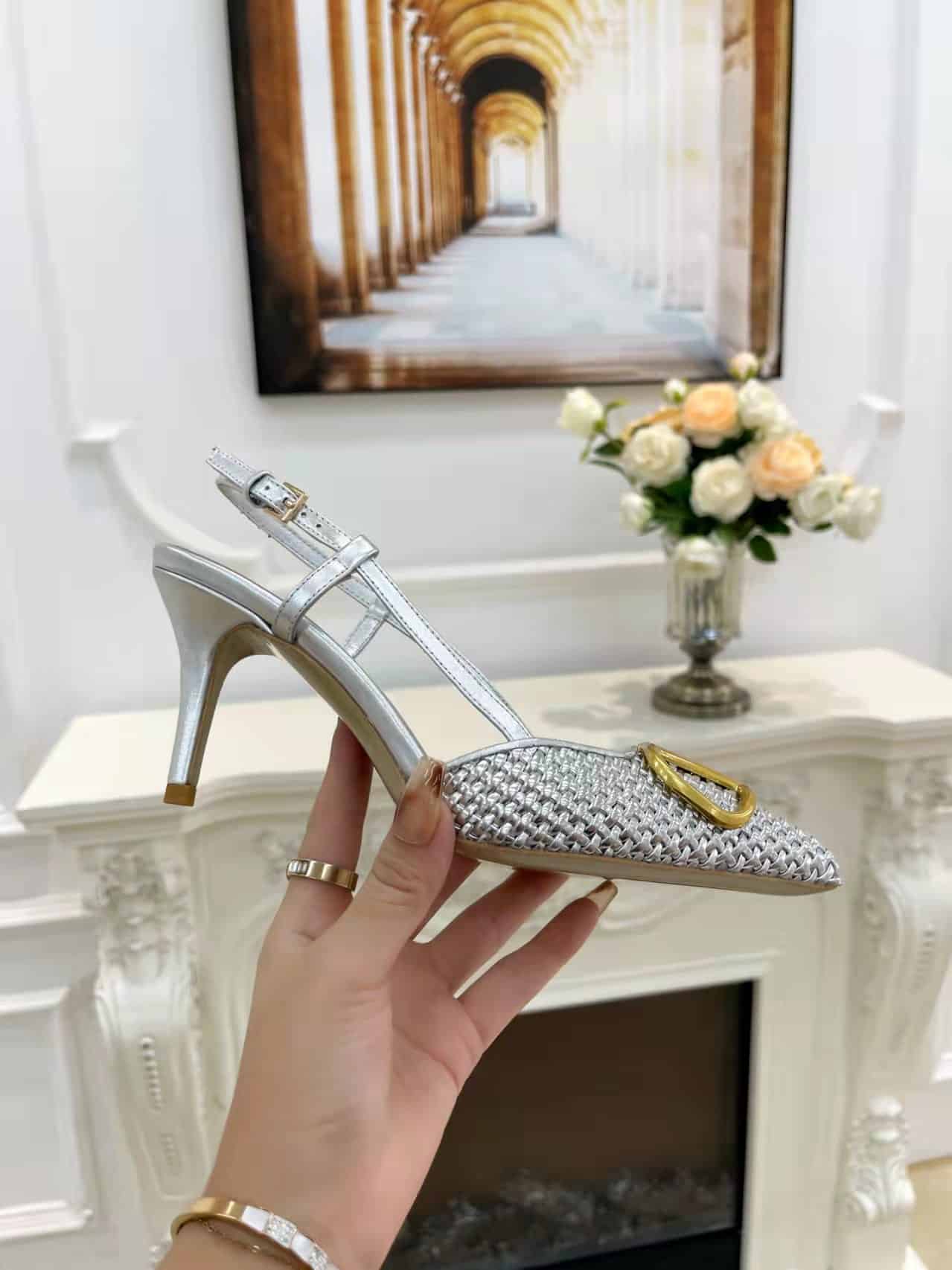 Valentino Garavani VLogo Woven Leather Slingback Pumps Silver