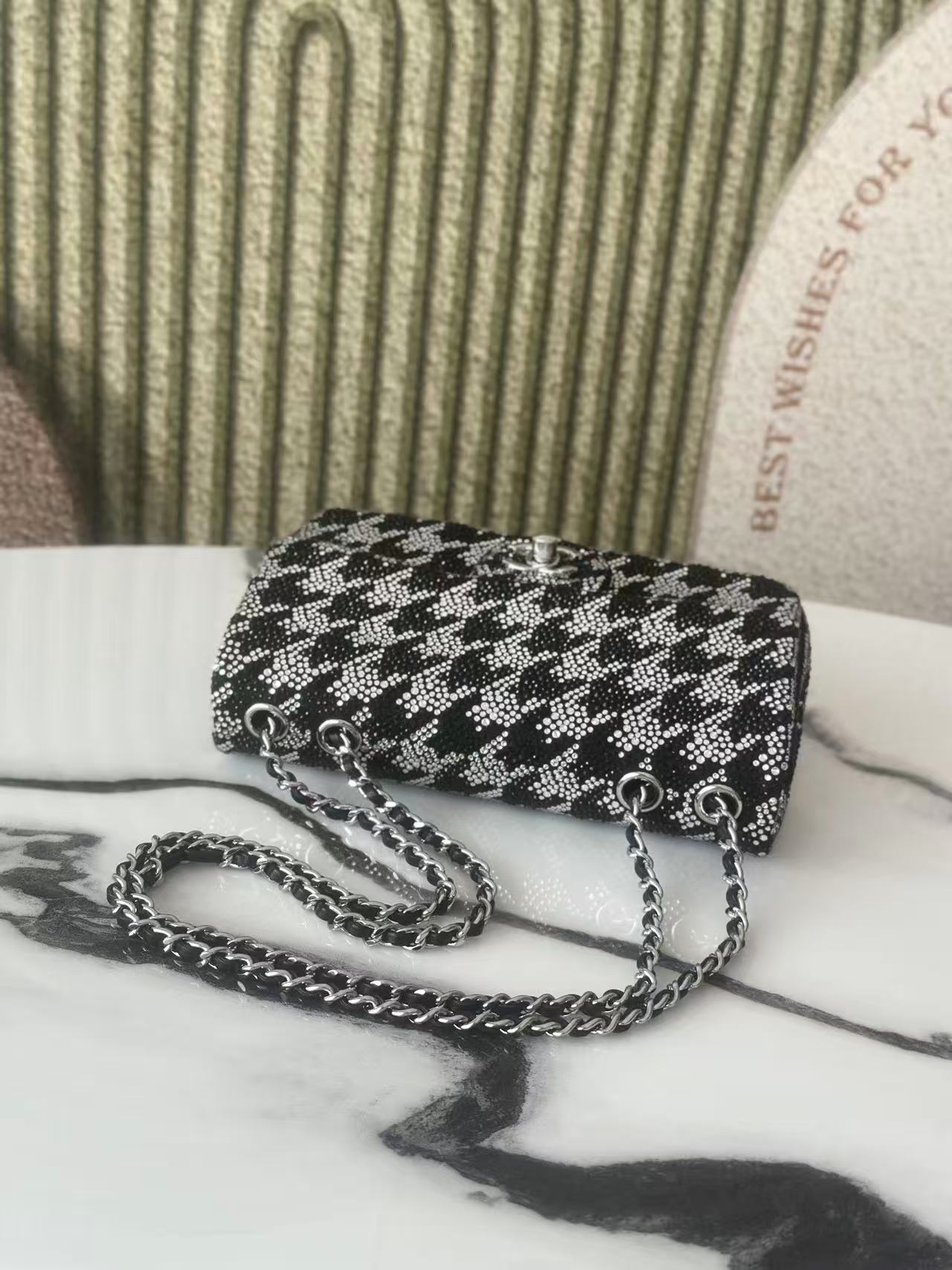 Limited Edition Black Strass Crystal Quilted Mini Classic Flap Bag with Silver-Tone Hardware