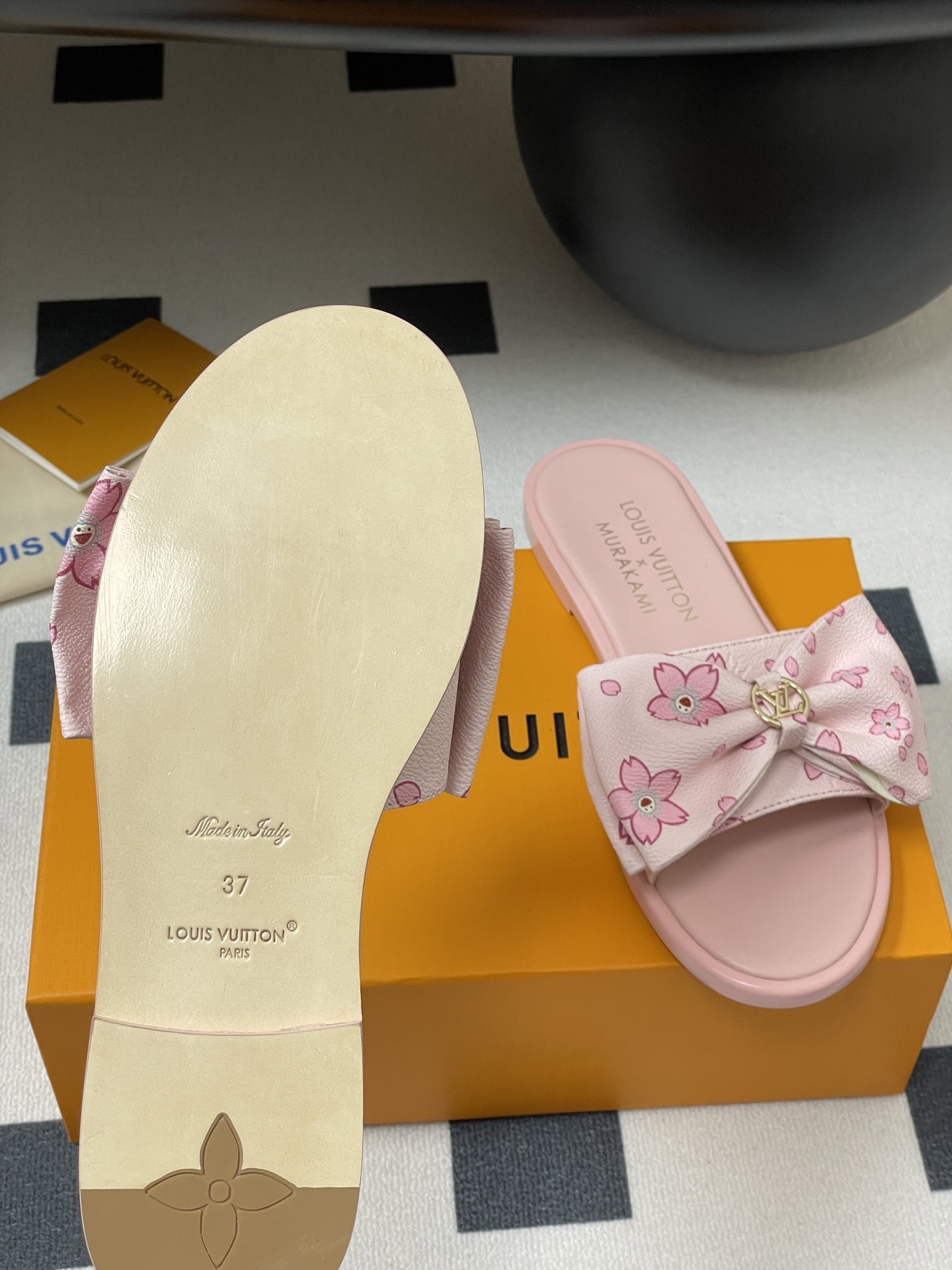 Louis Vuitton x Takashi Murakami Lily Flat Mule Bow Slide Sandals Pink- White 1AGVYA