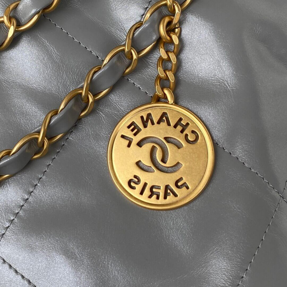 Chanel 22 Small Handbag Shiny Calfskin Grey With logo Gold