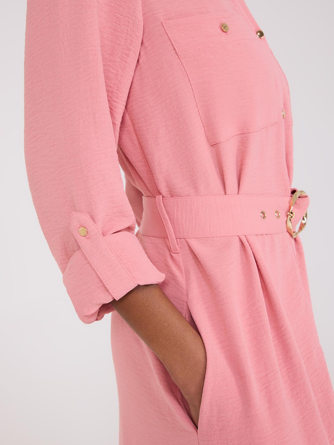 Belted Long Sleeve Midi Shirt Dress