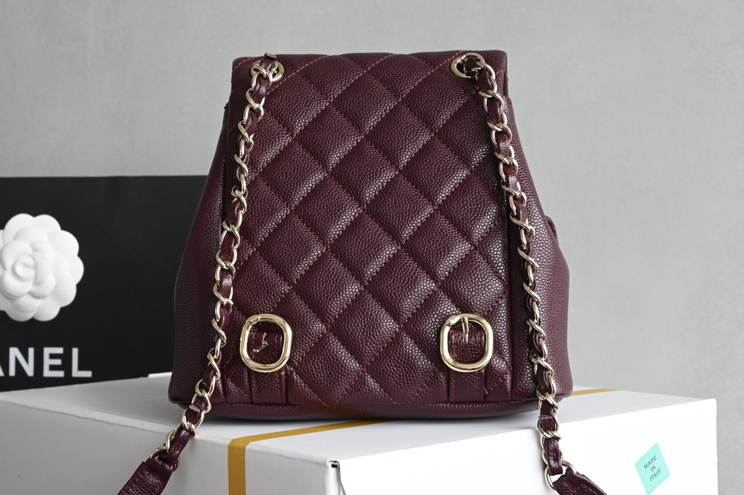 Duma Backpack in Dark Burgundy Quilted Shiny Caviar Leather with Light Gold-Tone Metal (Model AS3856)