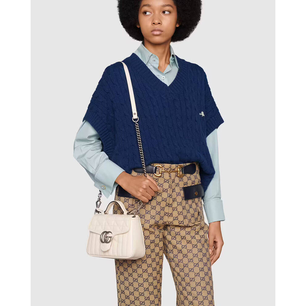 Gucci GG Marmont White Matelasse Leather Mini Top Handle Bag