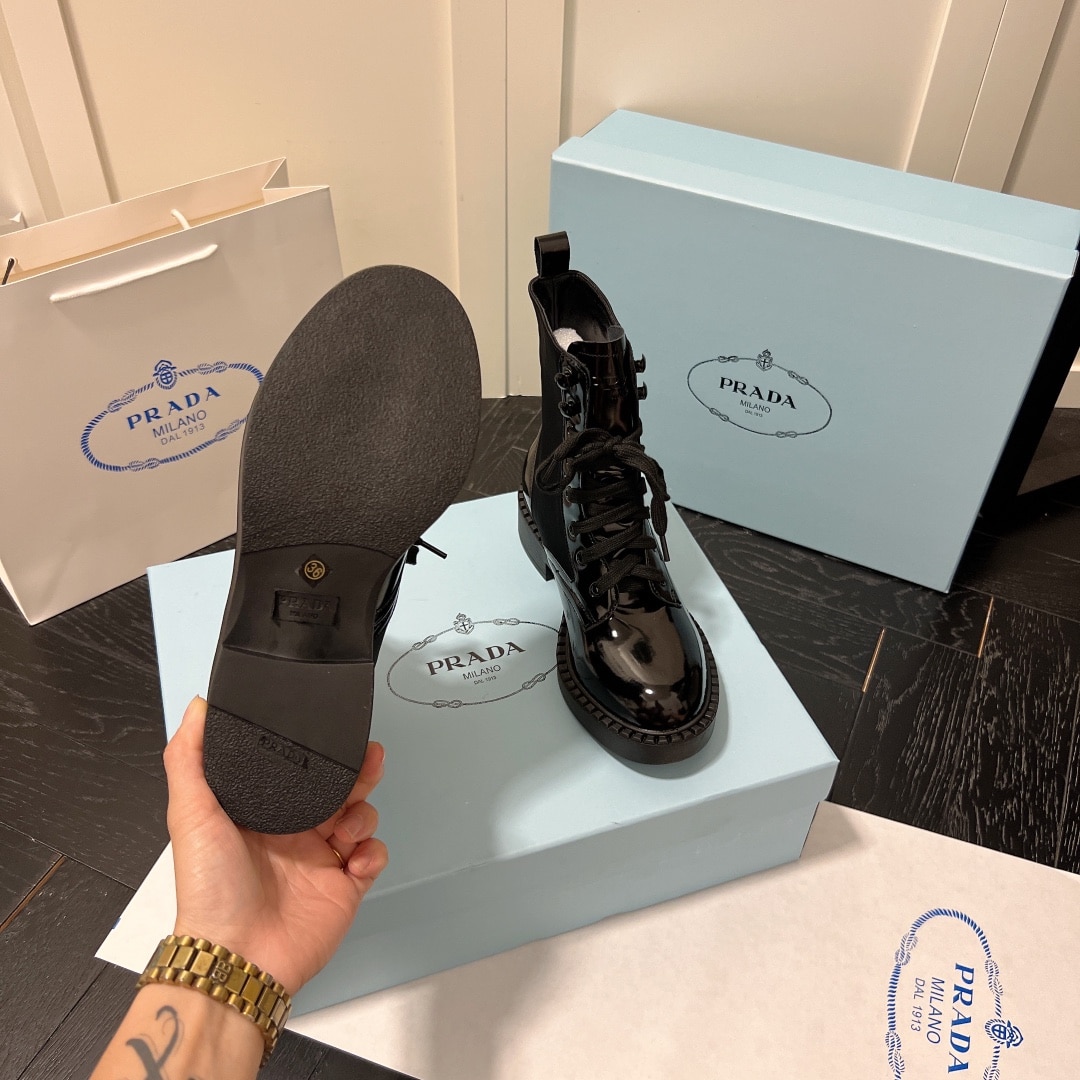 Prada Brushed-Leather And Re-Nylon Boots Shiny Black