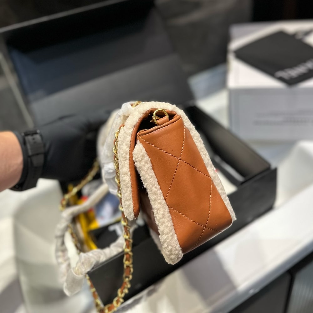 Chanel Flap Bag Shearling Beige And Brown 23Cm